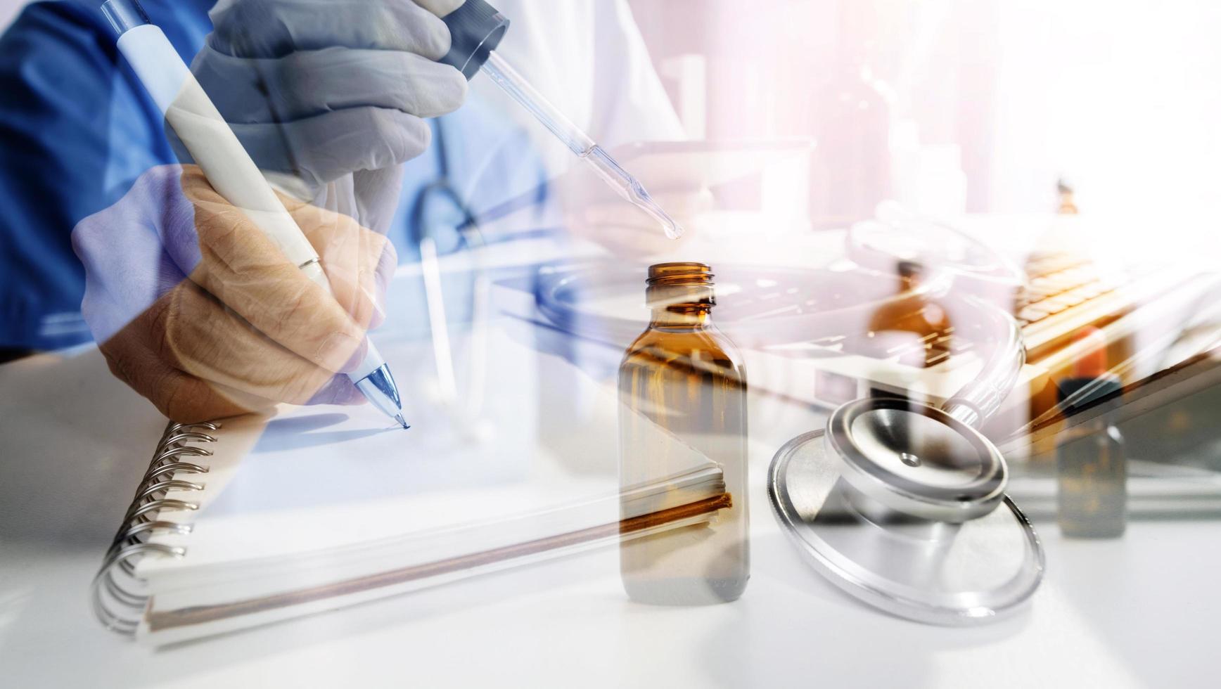 Double exposure of technology healthcare And Medicine concept. Two doctors using digital tablet and modern virtual screen interface icons panoramic banner, blurred background. photo