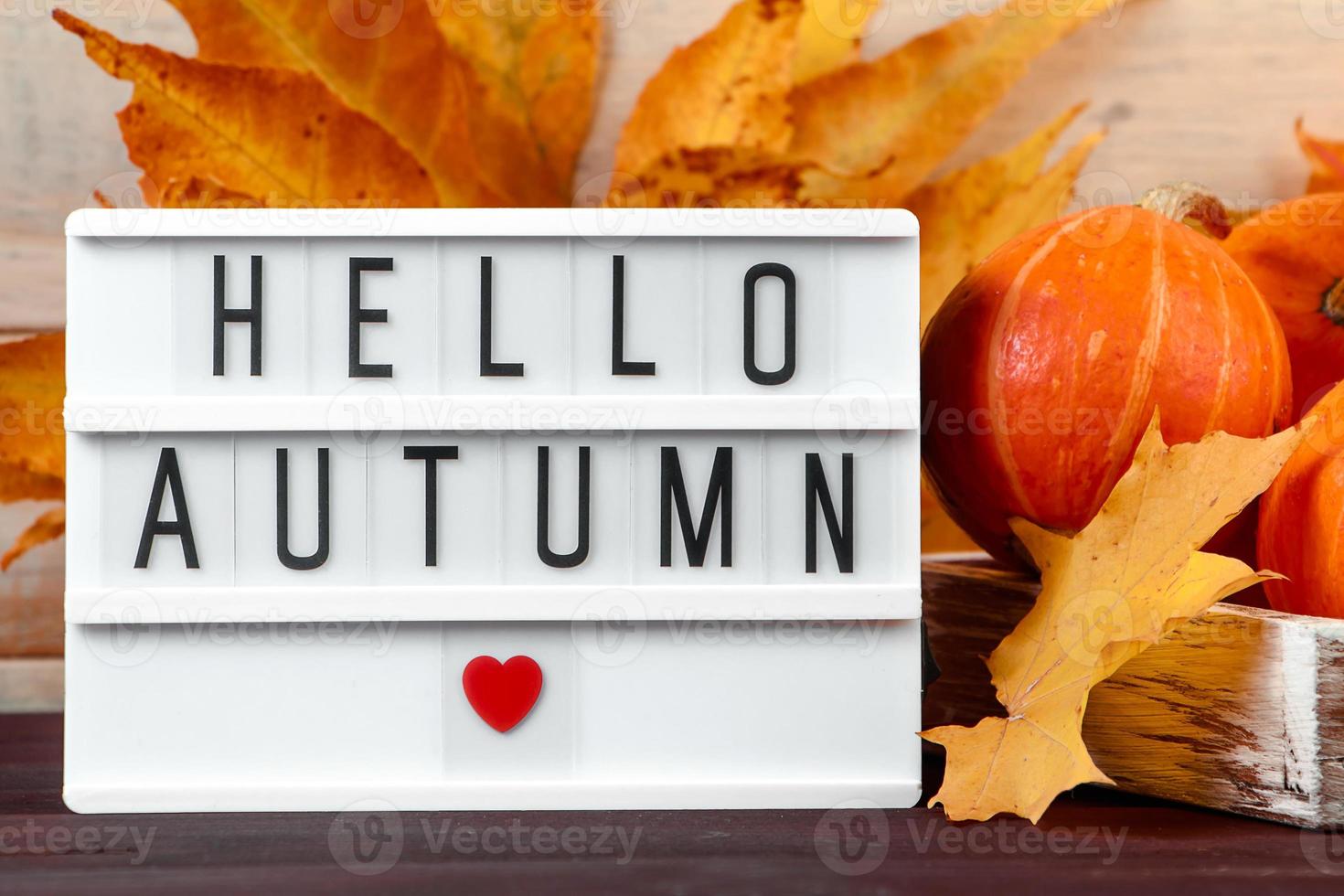 Hello autumn. Ripe pumpkins and yellow leaves in wooden box. Harvest and Thanksgiving concept. Halloween celebrations. photo