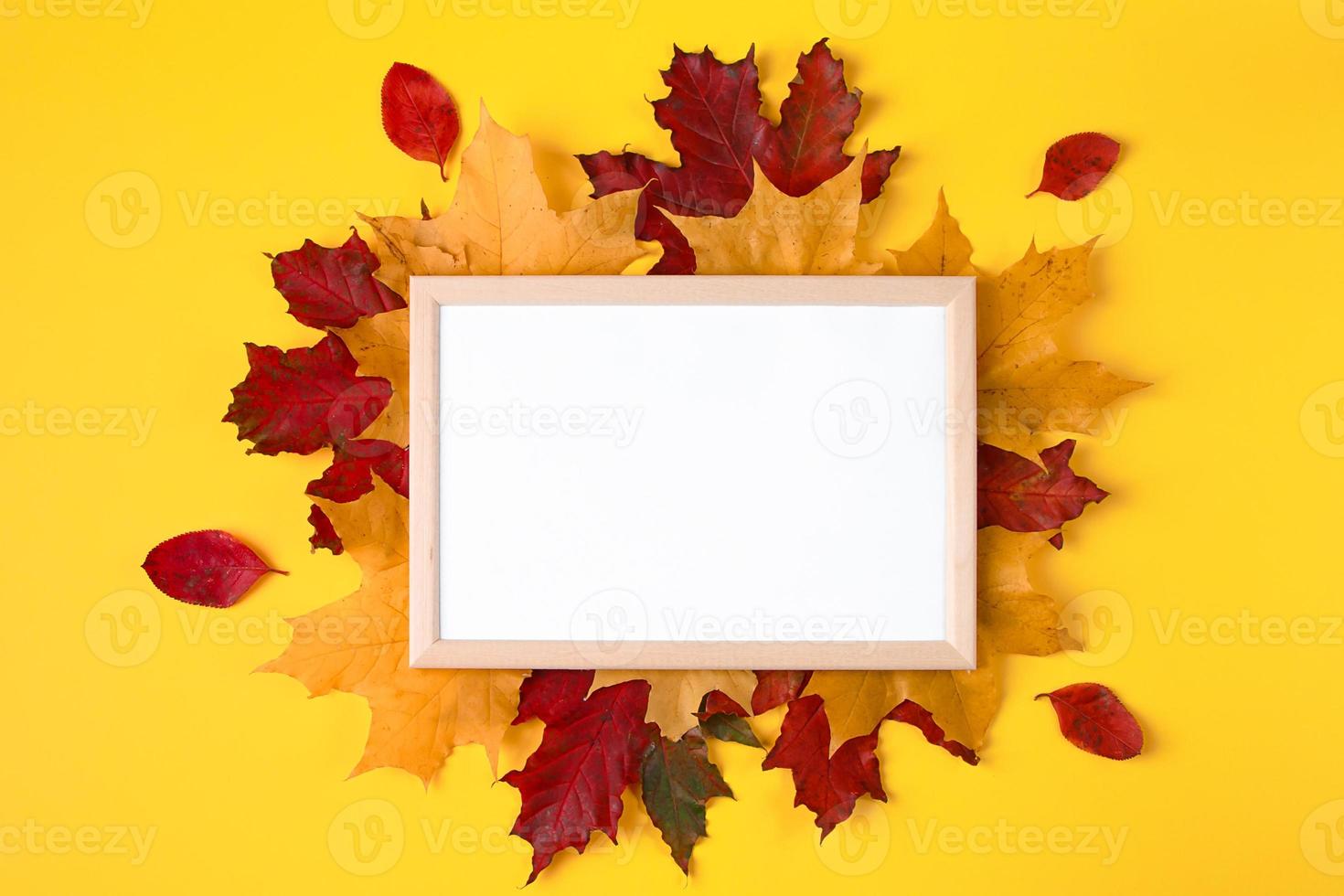 Empty wooden frame mock up and autumn leaves on yellow background. Template for design. photo