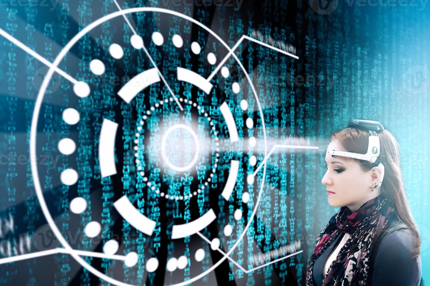 Young woman uses artificial intelligence. Concept of technology and development of the metaverse. Data visualization. photo