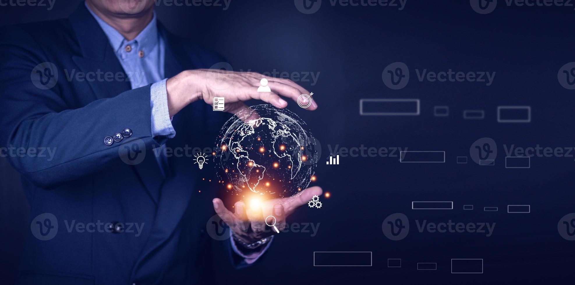 Businessman using mobile smart phone. Business global internet connection application technology and digital marketing, Financial and banking, Digital link tech, big data. photo