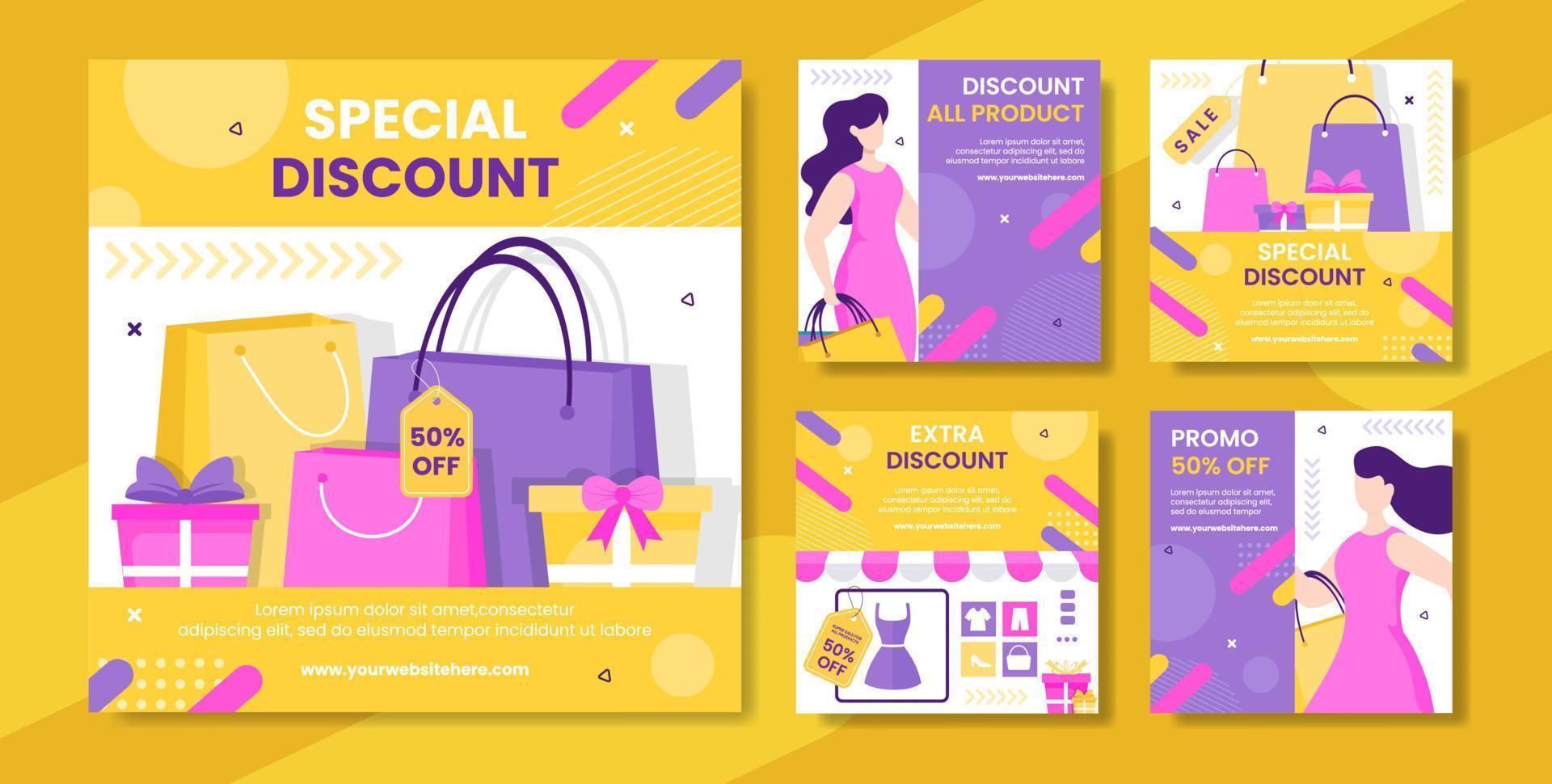 Discount Social Media Post Template Hand Drawn Cartoon Flat Illustration vector