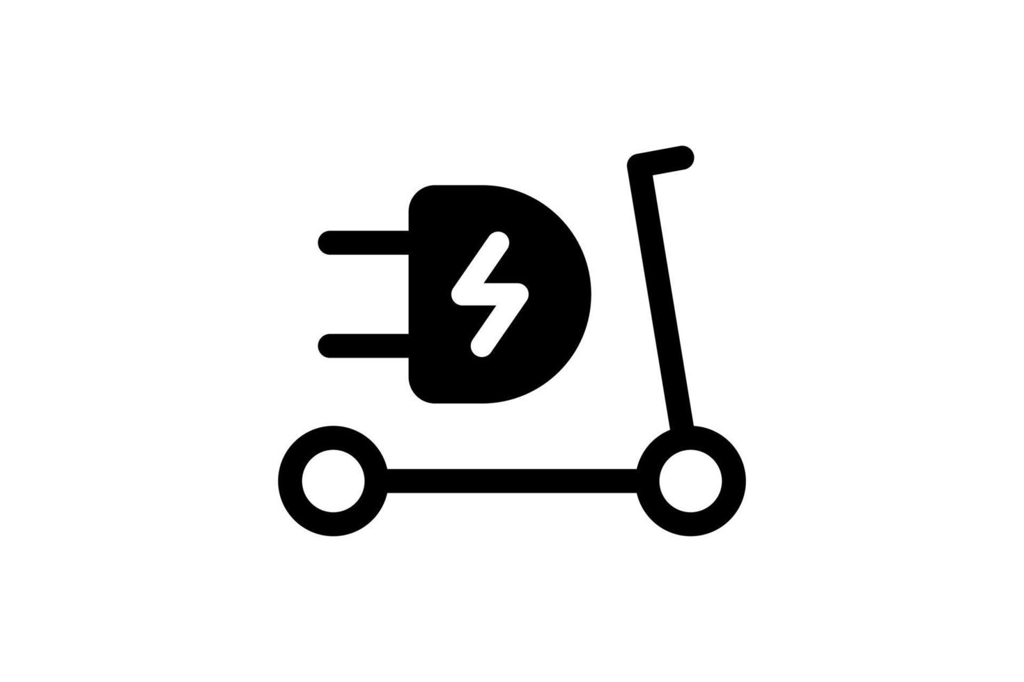 Electric push scooter icon. Black cable electrical kick e-scooter contour and plug charging symbol. Eco friendly electro vehicle logo concept. Vector battery powered EV transportation eps illustration