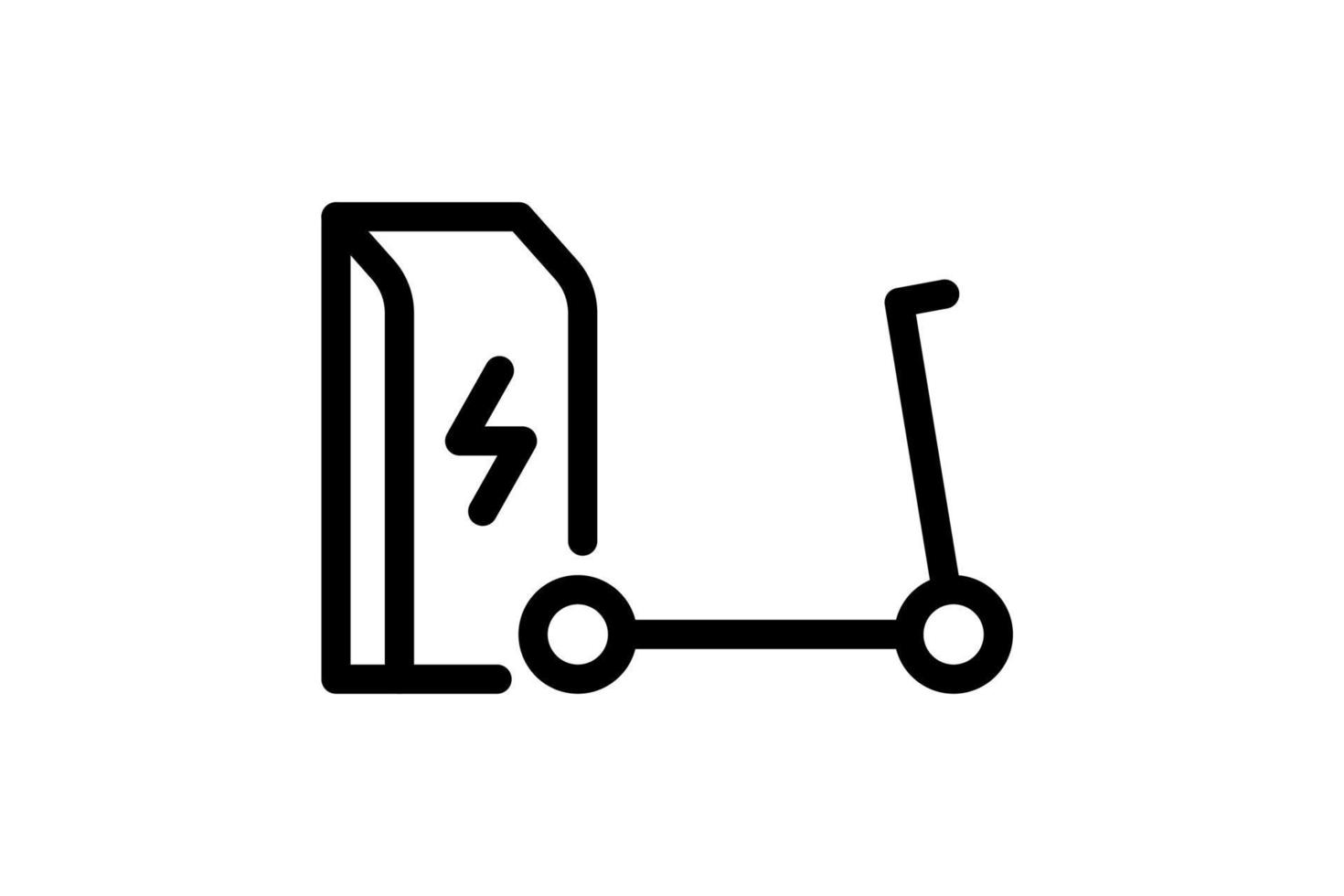 Electric push scooter charging in charger station linear icon. Electrical kick e-scooter energy charge black symbol. Eco friendly electro vehicle recharge sign. Battery powered EV transportation. Eps vector