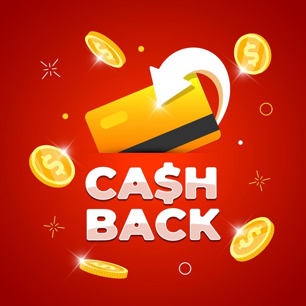 Cashback loyalty program banner concept. Cash back service promo sign with returned gold coins on credit bank card. Money or bonus refund advertising. Financial payment badge on red background. Vector