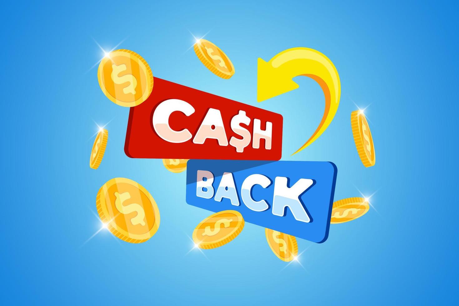 Cashback loyalty program banner concept. Cash back service after purchase promo sign with returned gold coins. Money or bonus refund advertising. Financial payment label vector eps illustration