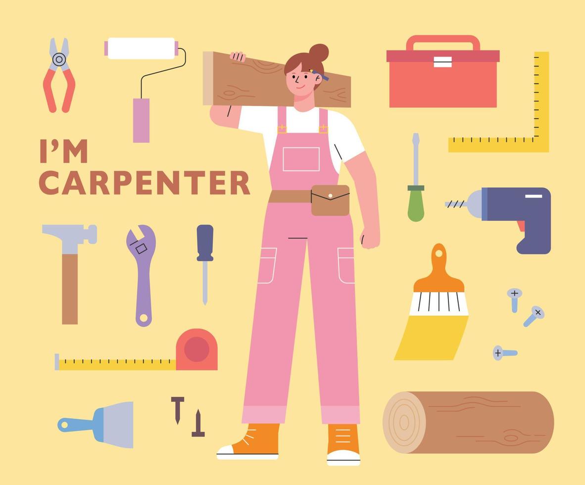 Female carpenter holding wooden planks. She has a bunch of woodworking tools around her. vector