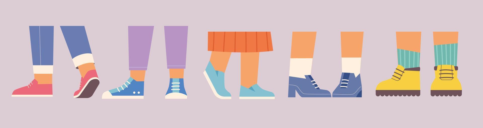 pies de personas en varios zapatos ilustración de vector de estilo de diseño plano.