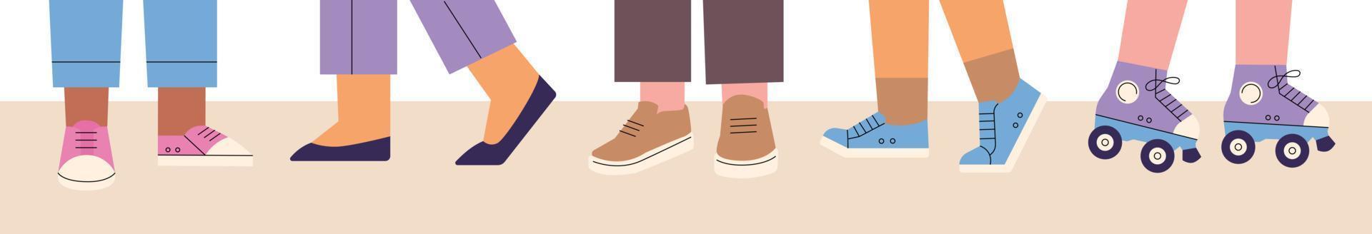 personas que usan varios zapatos, como zapatos planos, zapatillas y patines. ilustración vectorial de estilo de diseño plano. vector