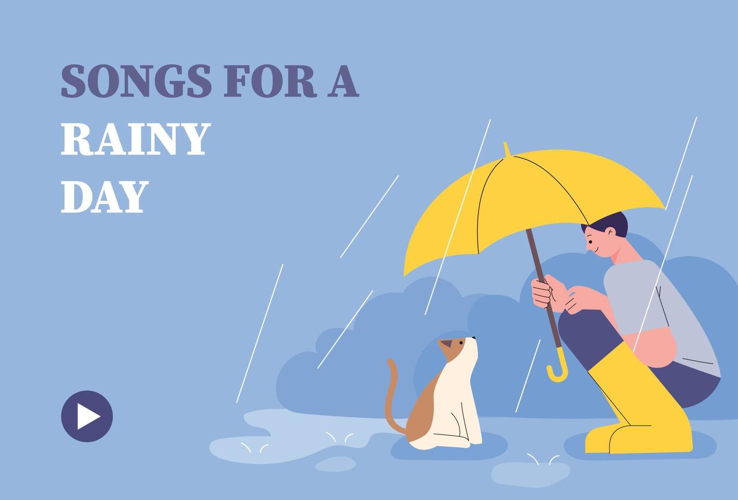 A man is putting an umbrella on a cat on the road on a rainy day. Cute and emotional concept. vector