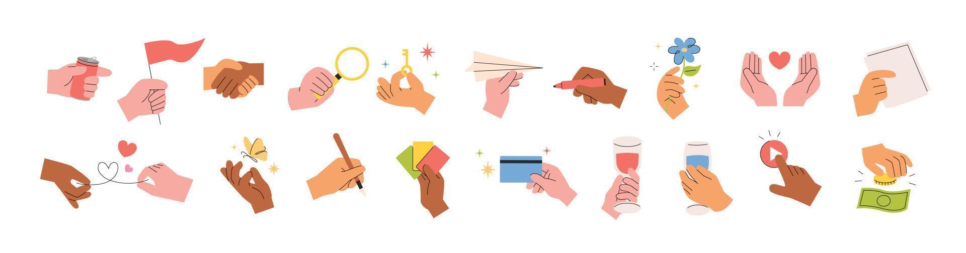 Hands holding various objects, hands expressing something. flat design style vector illustration.