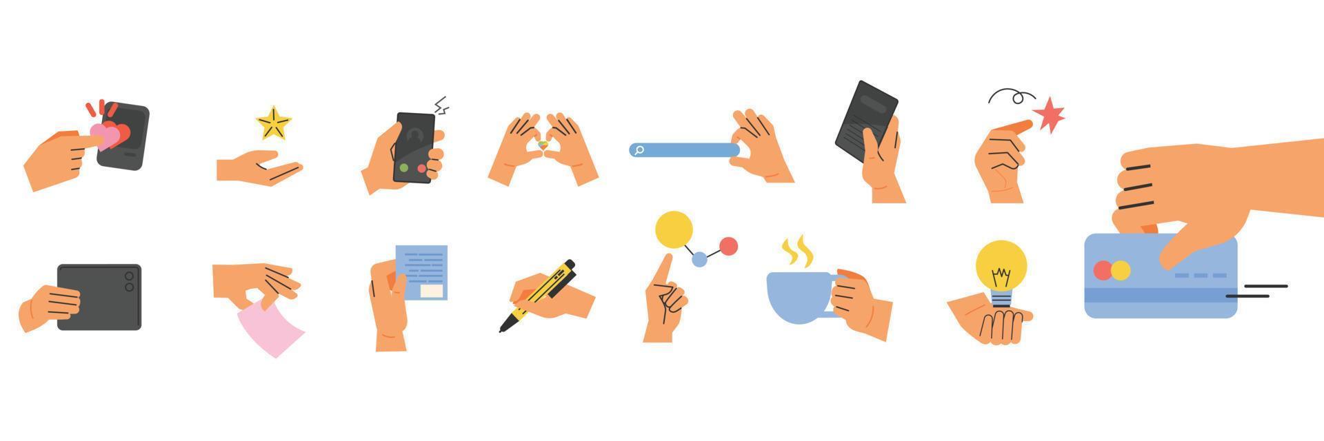 Collection of hands in various gestures. flat design style vector illustration.