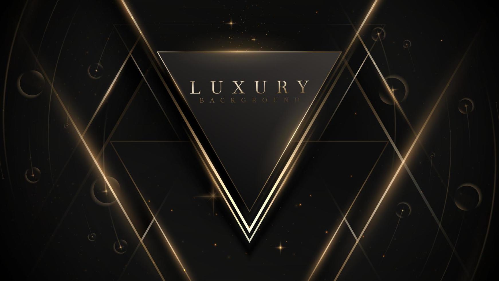 Black luxury background with triangle frame and golden line decoration with glitter light effect elements. vector