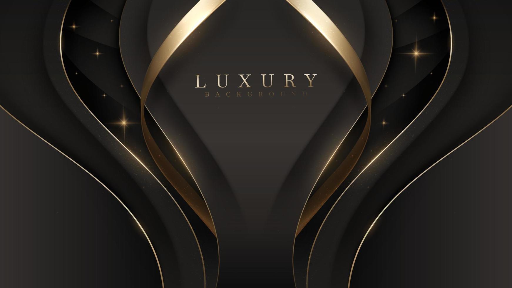 Golden curves on black background decorated with starlight effect. Elegant style background. vector