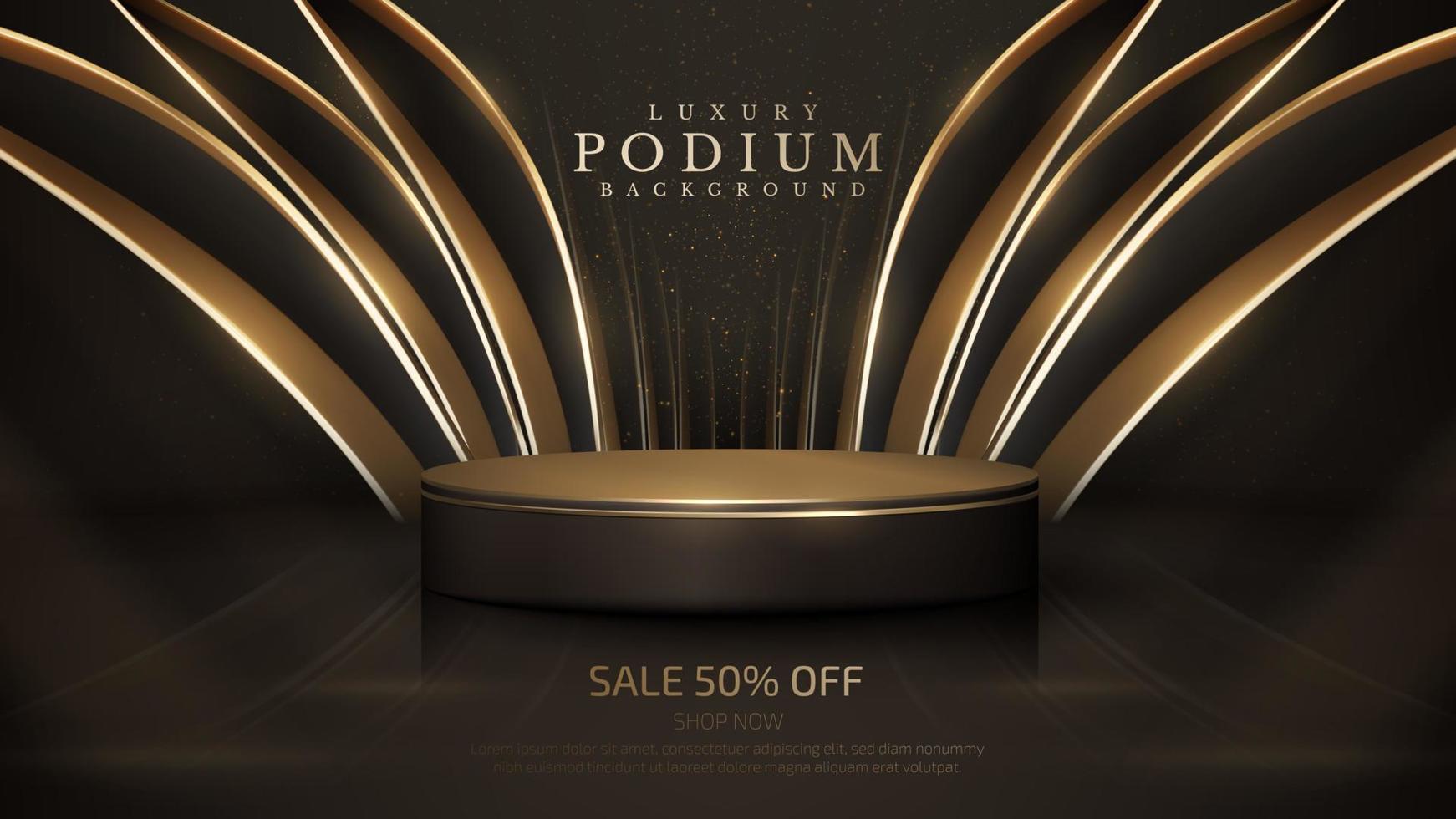 Product display podium with golden curve line decoration and glitter light effect elements and star. Black luxury background. vector