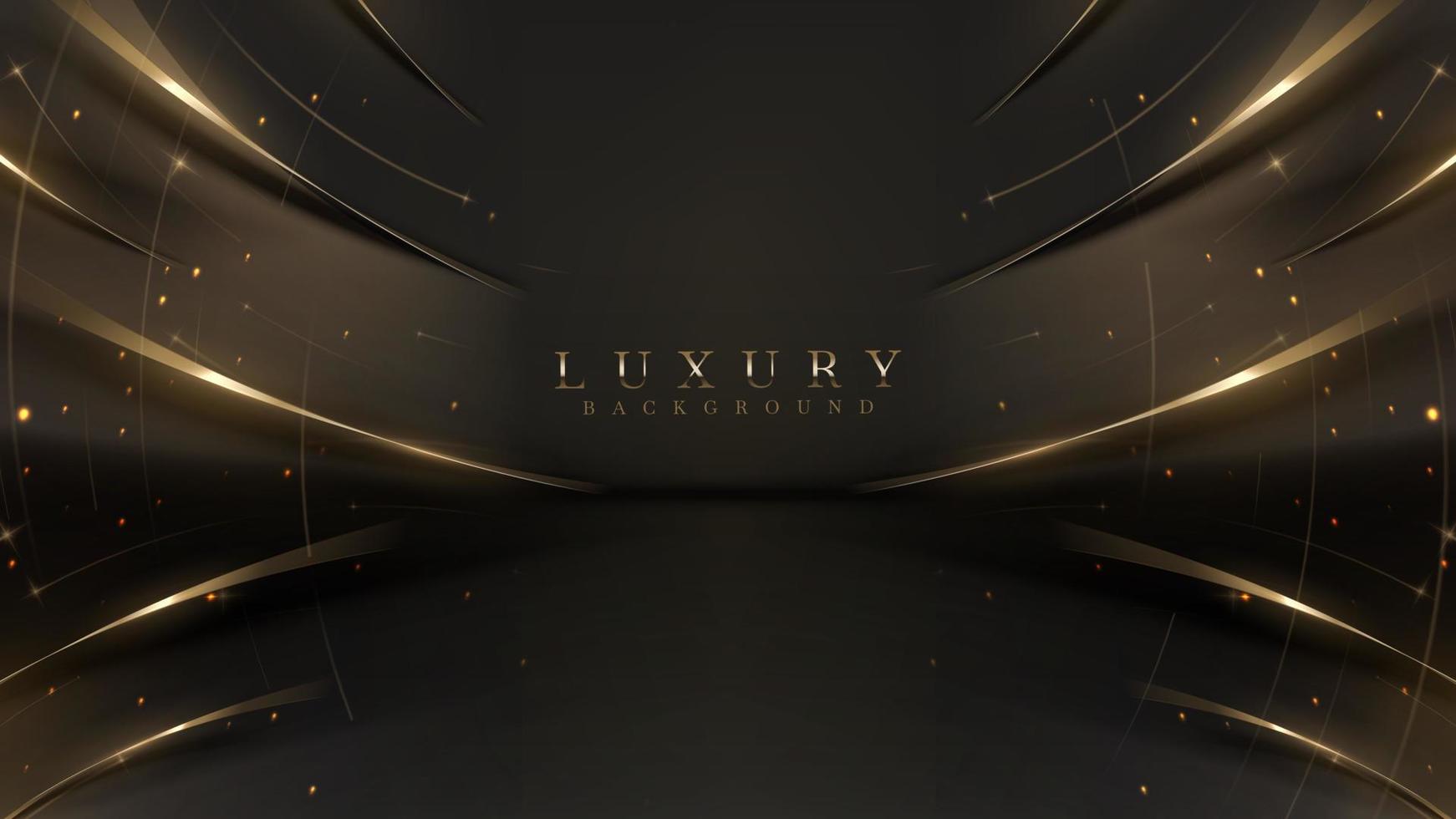 Black luxury background with golden line elements and light ray effect decoration and bokeh. vector