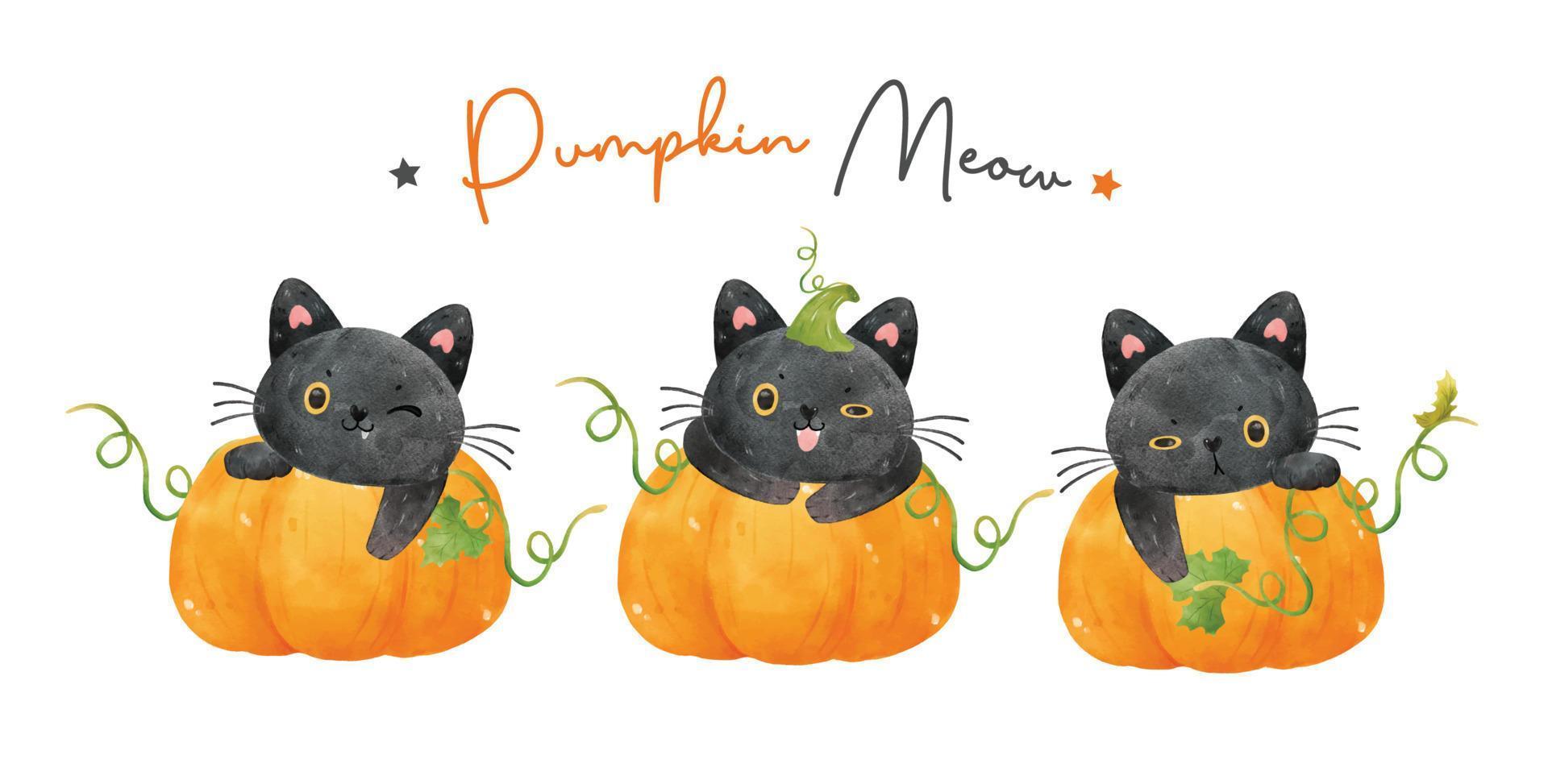 grupo de tres lindos gatitos negros divertidos de acuarela en calabazas naranjas, maullido de calabaza, vector de acuarela aislado en fondo blanco