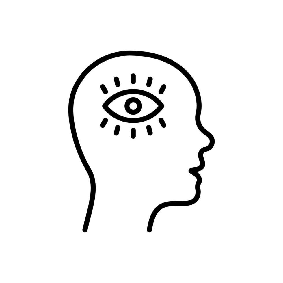 Illuminati Eye in Human Brain Line Icon. Khamsa Providence Linear Pictogram. Egypt Amulet Think Energy Outline Icon. Fatima Hamsa. Intelligent Solution. Editable Stroke. Isolated Vector Illustration.