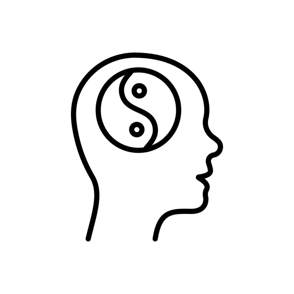 Yin Yang in Man Head Line Icon. Yinyang in Human Brain Linear Pictogram. Harmony, Unity, Balance Outline Symbol. Asian Culture Spiritual Sign. Editable Stroke. Isolated Vector Illustration.
