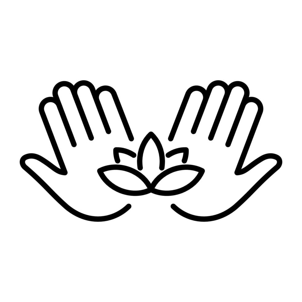 mano sosteniendo el icono de la línea de yoga de loto. pictograma lineal de acupuntura de belleza de atención médica de palma y flor. icono de contorno de meditación esotérica. masaje médico. trazo editable. ilustración vectorial aislada. vector