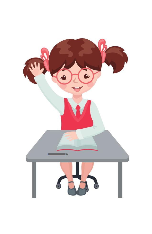 Cute girl raising hand in the classroom for an answer isolated on white background. Pupil sitting at the desk with raised hand. Education concept. Vector illustration.