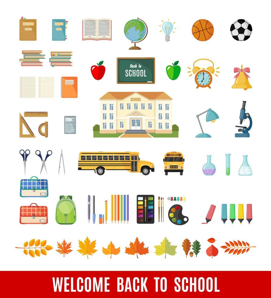 Set of school icons in flat style. Selection of various individual school supplies on white background. Vector illustration
