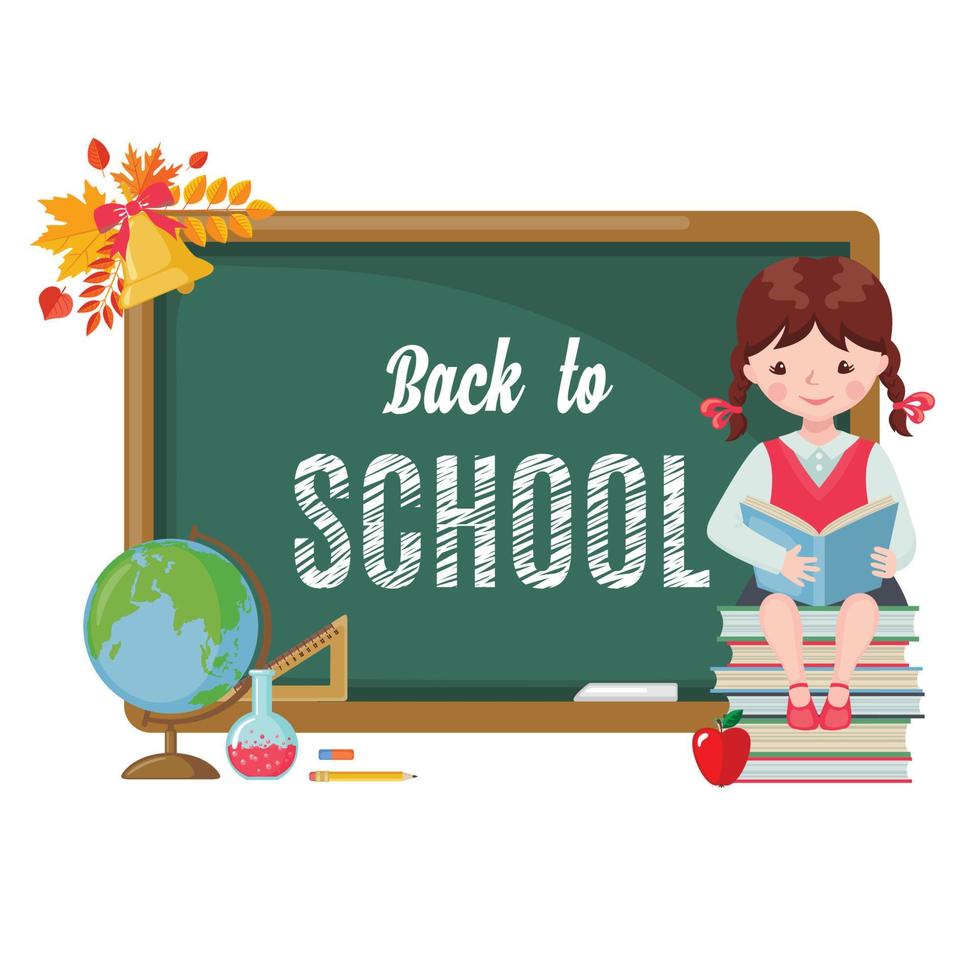 Cute girl with chalkboard, books and school supplies isolated on white background. Pupil in uniform. Back to School cartoon card. Education concept. Vector illustration.