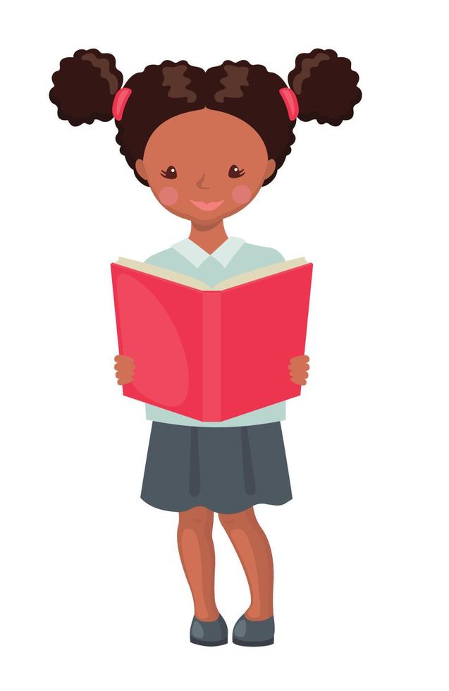 Cute African American School girl character reading book isolated on white background. Happy pupil in school uniform. Education concept. Vector illustration.