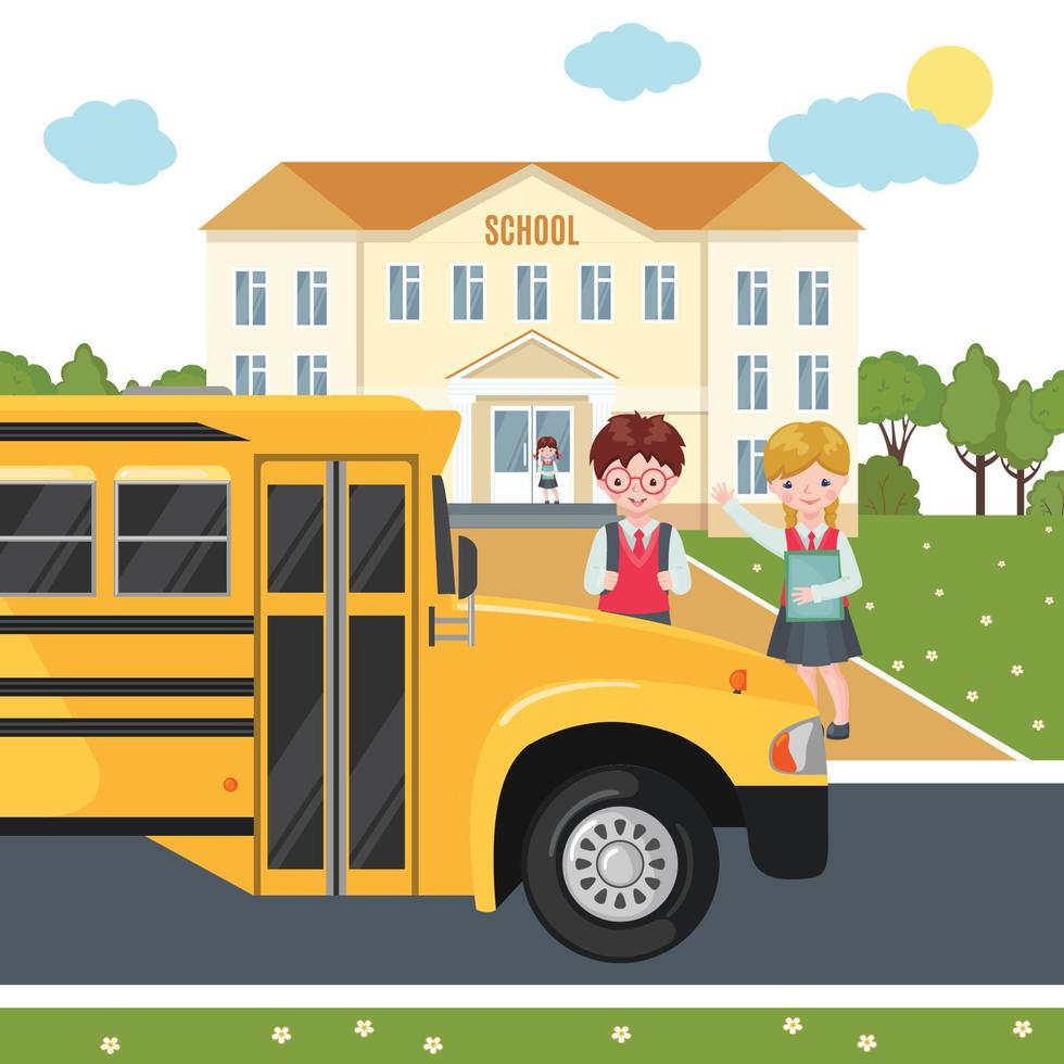 niños felices en el fondo del edificio escolar y el autobús escolar. concepto de educación Bienvenido de nuevo a la composición escolar con los alumnos. ilustración vectorial vector