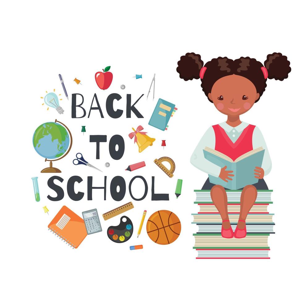 Cute African American School girl character with books and school supplies isolated on white background. Happy pupil. Education concept. Vector illustration.