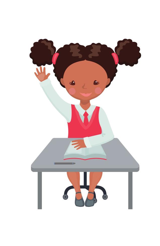 Cute African American girl raising hand in the classroom for an answer isolated on white background. Pupil sitting at the desk with raised hand. Education concept. Vector illustration.