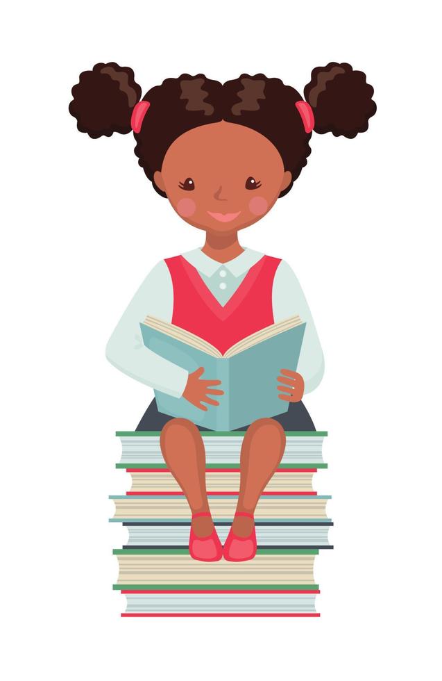 Cute African American School girl character sitting on big pile of books and reading book isolated on white background. Happy pupil in school uniform. Education concept. Vector illustration.