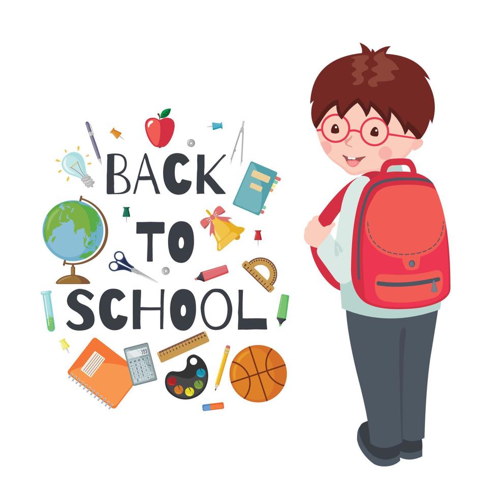 Cute School boy character with backpack and school supplies isolated on white background. Happy pupil. Education concept. Vector illustration.