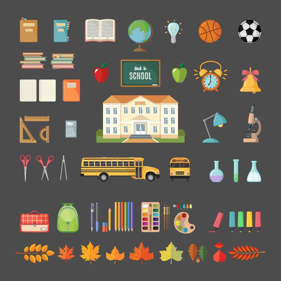 Set of school icons in flat style. Selection of various individual school supplies on gray background. Vector illustration