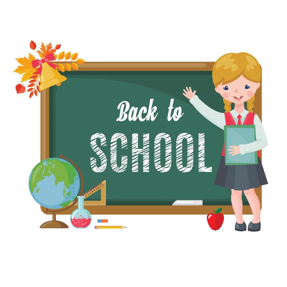 Cute girl with chalkboard, books and school supplies isolated on white background. Pupil in uniform. Back to School cartoon card. Education concept. Vector illustration.