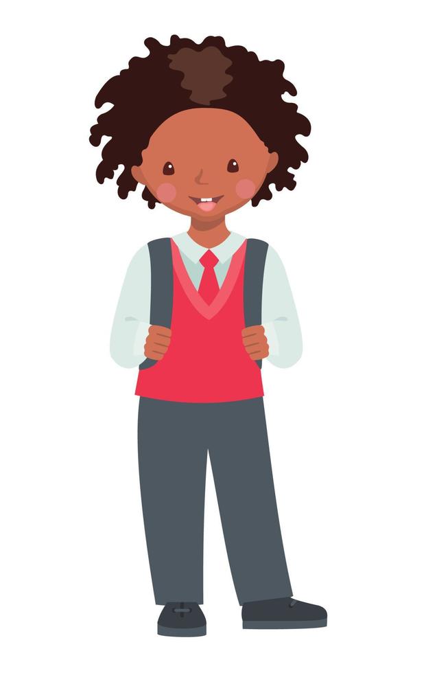 Cute African American School boy character with backpack isolated on white background. Happy pupil in school uniform. Education concept. Vector illustration.