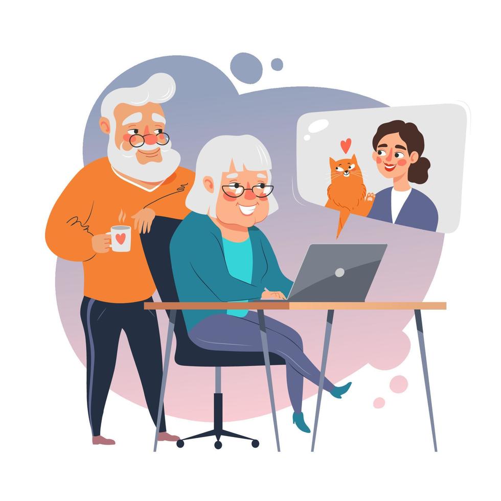 Elderly couple use laptop to communicate with family. Old people use computer technology, vector illustration