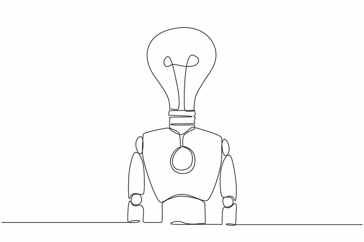 Single one line drawing robot with light bulb instead of head. Future technology development. Artificial intelligence and machine learning process. Continuous line design graphic vector illustration