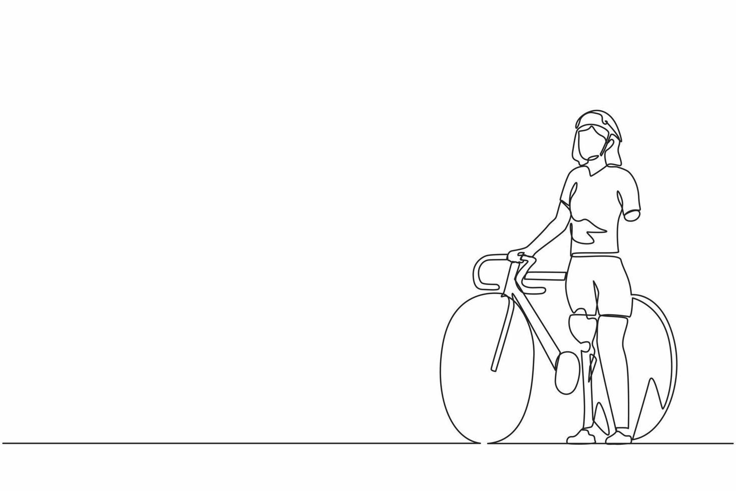 Single continuous line drawing woman with prosthetic leg standing beside her bicycle bike. Sport training. Disability game. Disabled rehabilitation, recovery rehab. One line draw graphic design vector