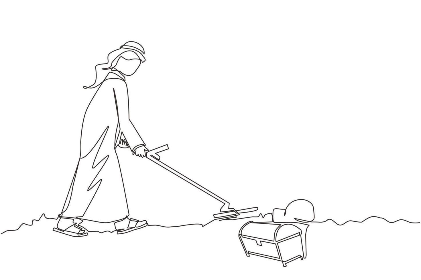 Single one line drawing Arabian businessman with metal detector looking for treasure chest. Man treasure seeker with metal detector finding precious jewel. Continuous line draw design graphic vector