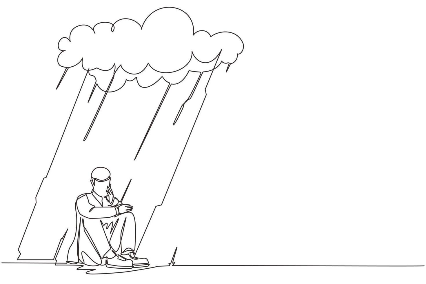 Single continuous line drawing businessman feeling sad and depression sitting under rain and cloud. Unhappy depressed loneliness sad worker in stress with problem. One line draw design vector graphic