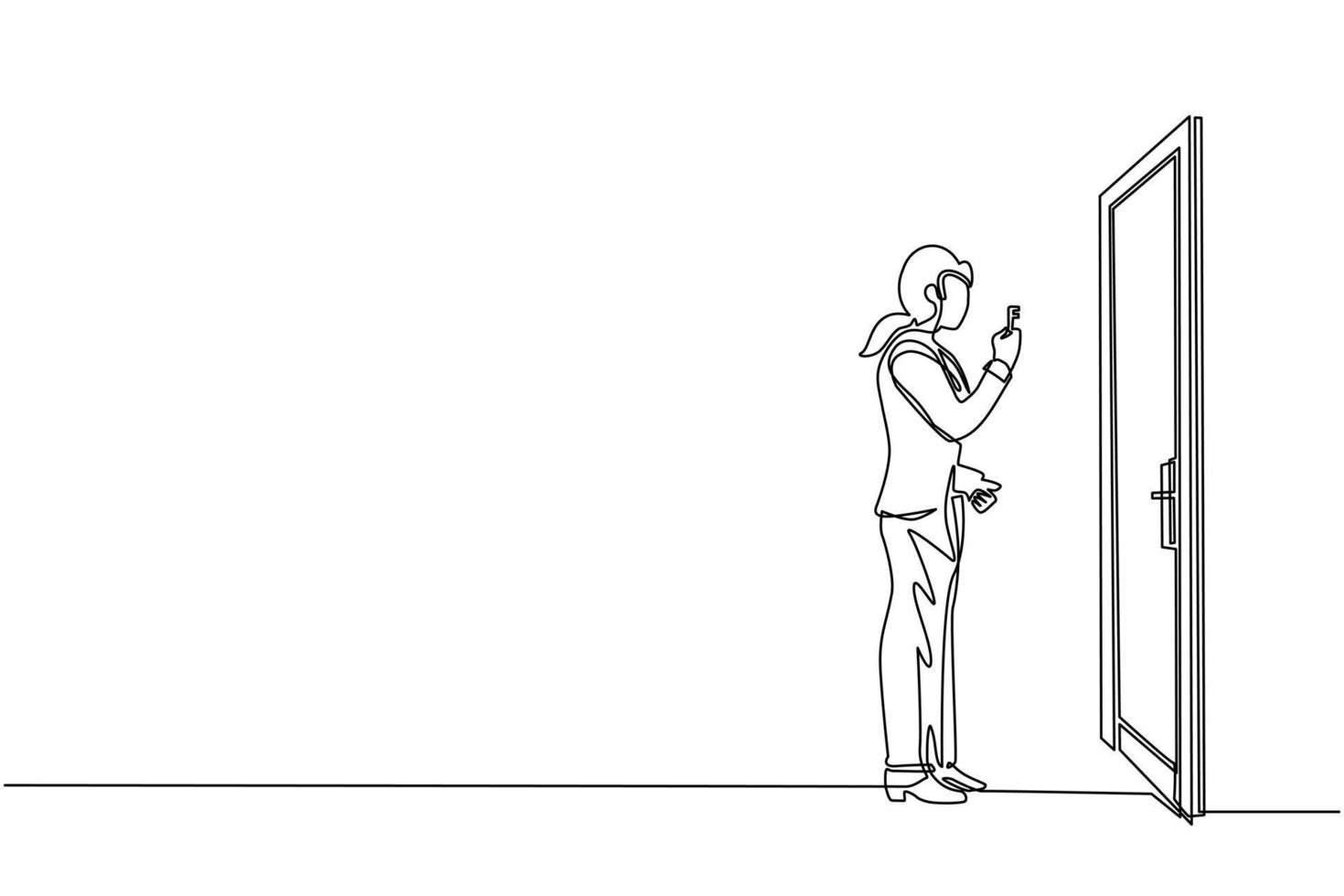 Single continuous line drawing businesswoman lifts key in front of door. Woman holding key to open office room door. Starting morning with spirit to work. One line graphic design vector illustration