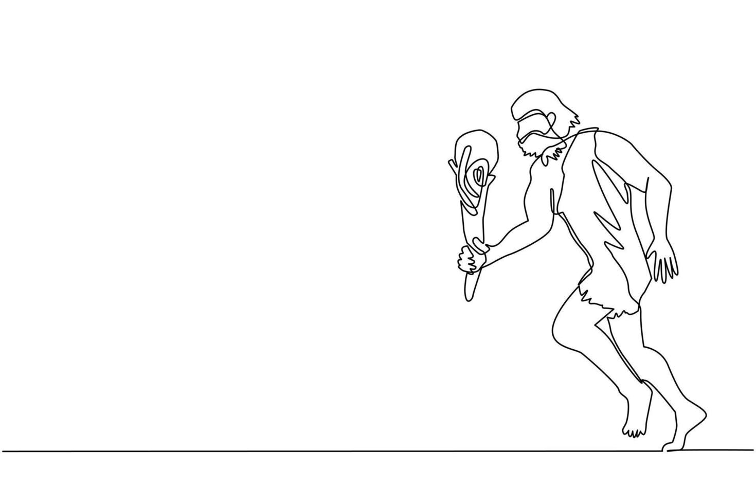 Single continuous line drawing young caveman and cudgel flat isolated. Prehistoric man hunter. Ancient man is running and hunting with cudgel. Dynamic one line draw graphic design vector illustration