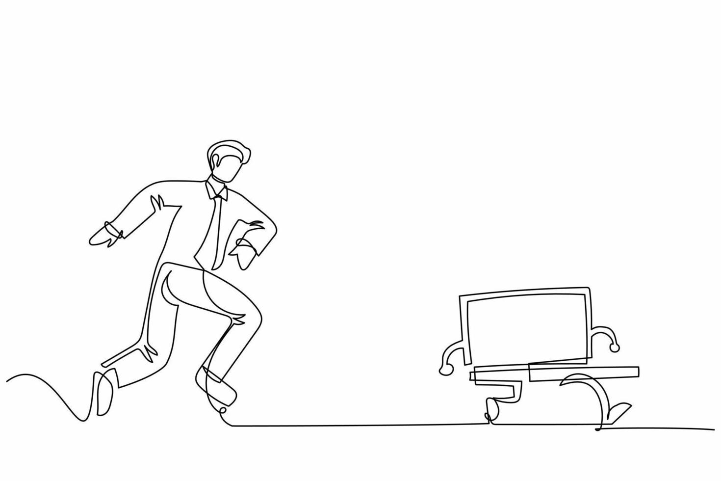 Continuous one line drawing furious businessman chasing laptop computer. Concept of stress, angry, burnout, headache, depression. Business metaphor. Single line draw design vector graphic illustration