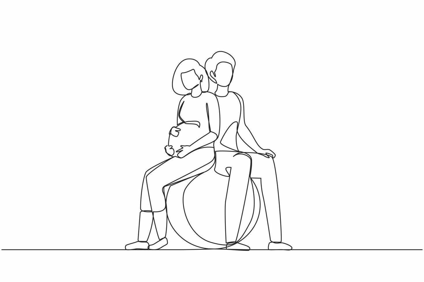 Single one line drawing young expecting parents in yoga class for pregnant women. Man and pregnant woman sitting in gymnasium ball. Paired yoga for pregnant women. Continuous line draw design vector