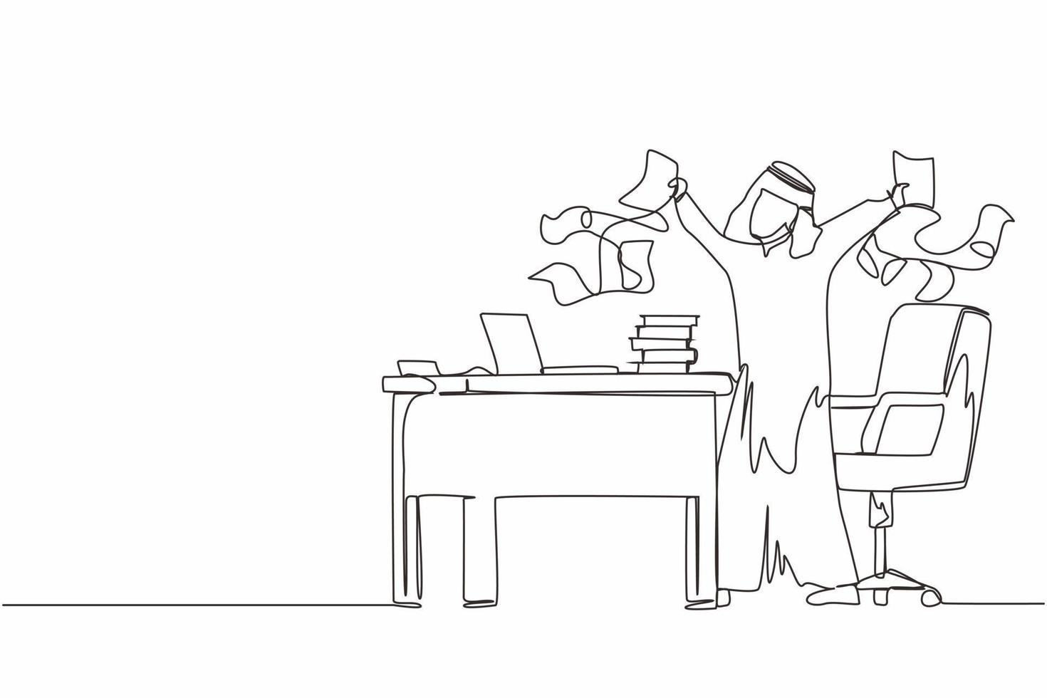 Single continuous line drawing happy Arabic businessman, company leader or office worker throwing documents in air, enjoying business success while sitting at workplace. One line graphic design vector