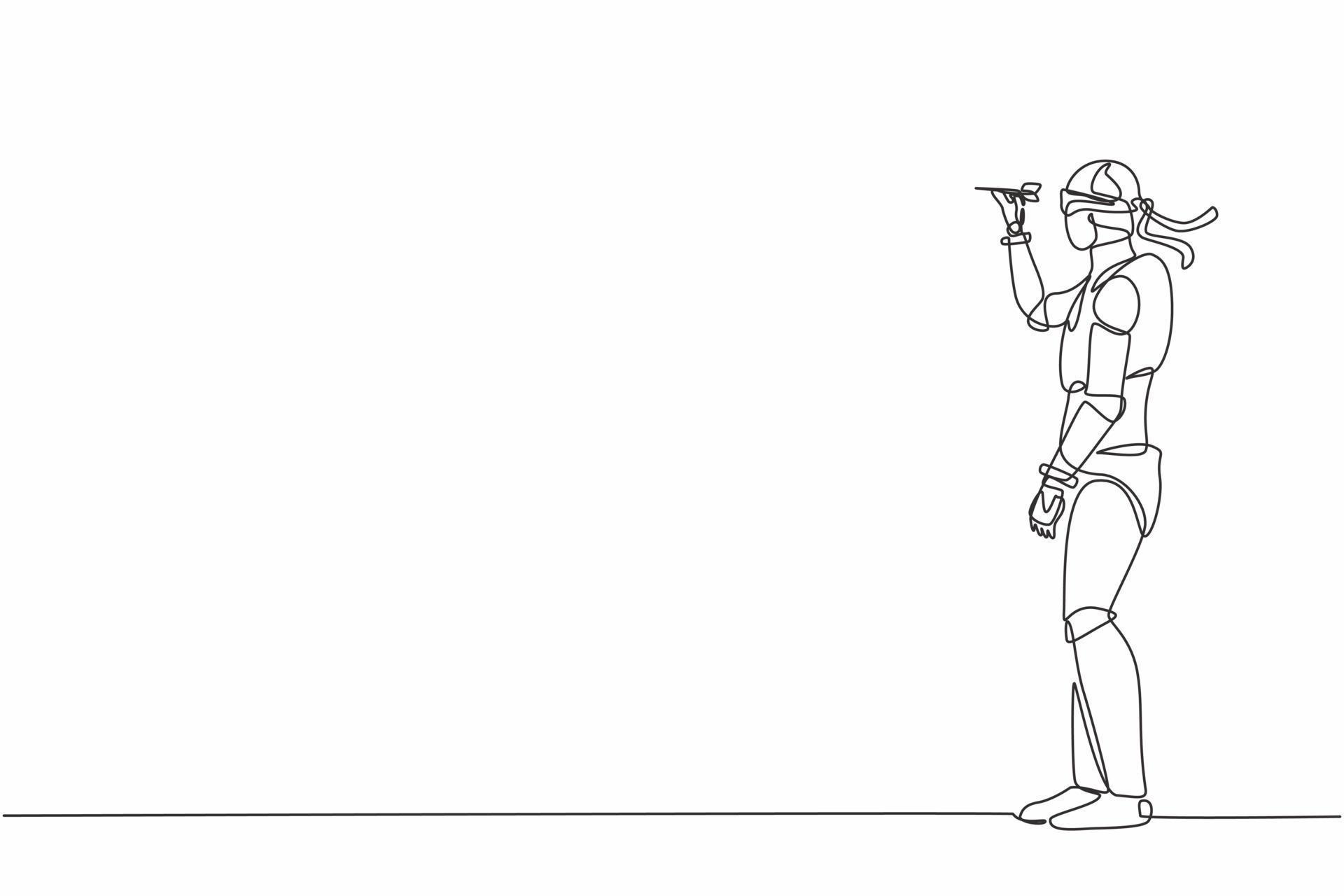 Single continuous line drawing robot blindfolded throwing dart. Unclear