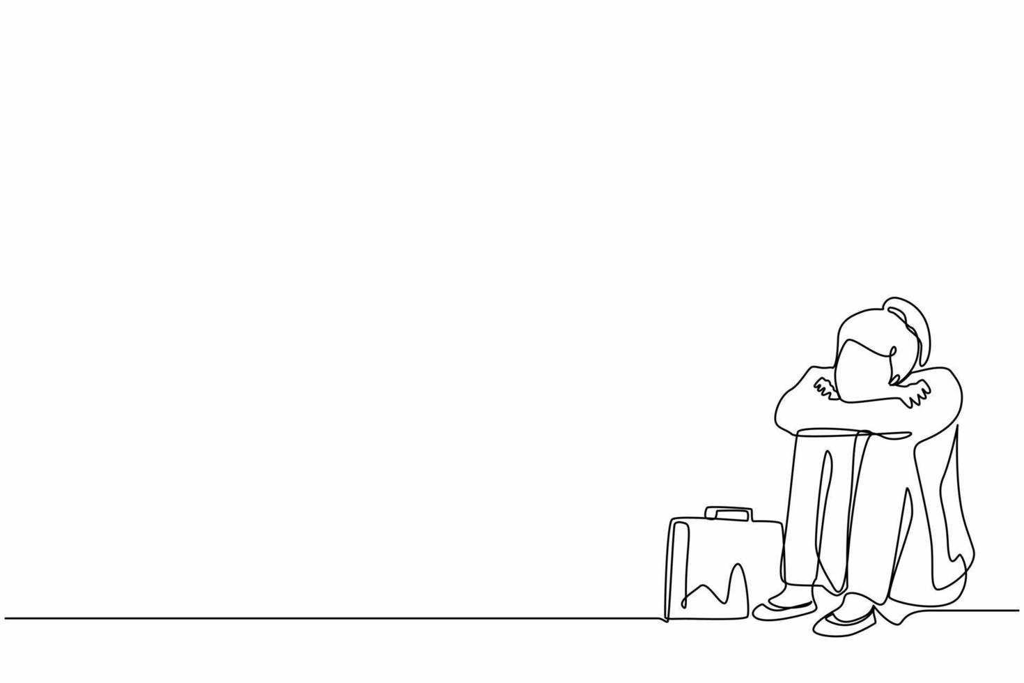 Single continuous line drawing depressed businesswoman suffer emotion sadness melancholy stress with briefcase sitting in despair on floor. Worker sad gesture expression. One line draw design vector