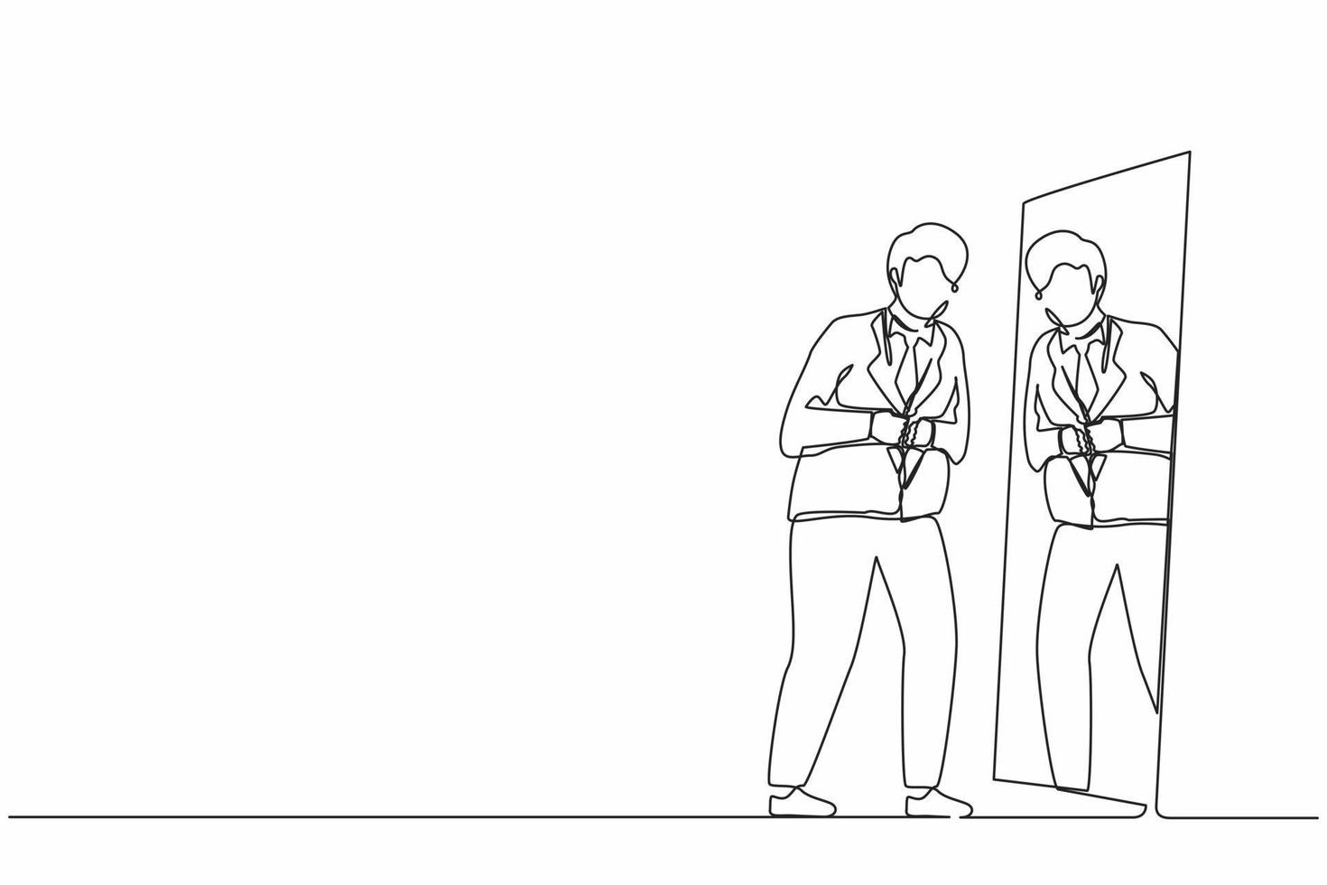Single one line drawing handsome businessman looking at mirror, look at himself, adjusting his shirt button of formal wear suit, prepare himself for working. Continuous line draw graphic design vector