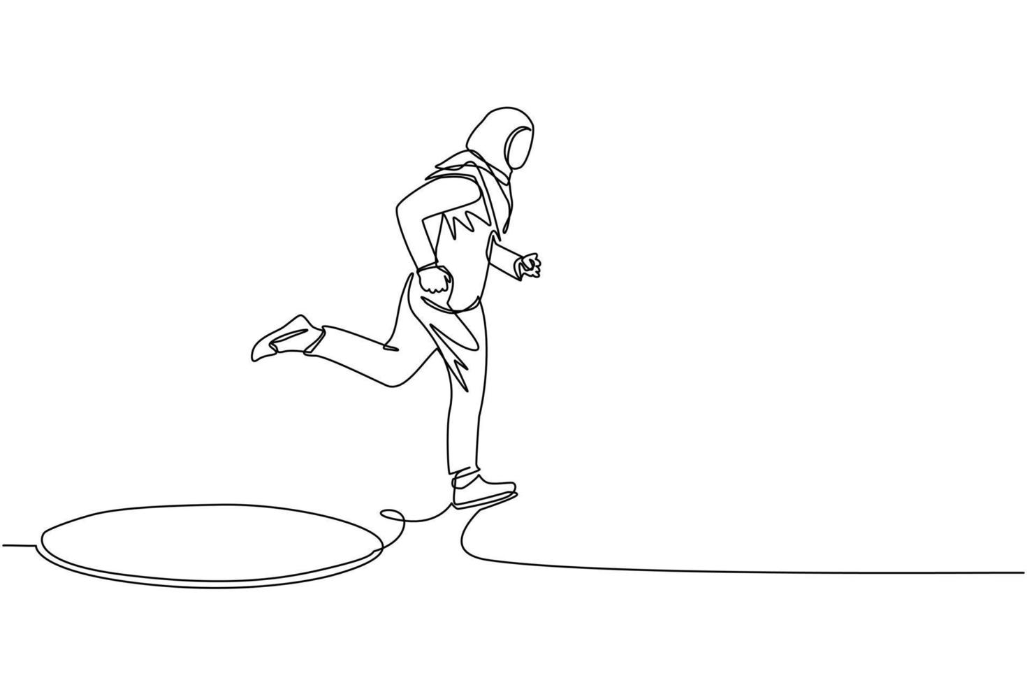 Single continuous line drawing Arabic businesswoman jumping through the hole, metaphor to facing big problem. Business struggles. Strength for success. One line draw graphic design vector illustration